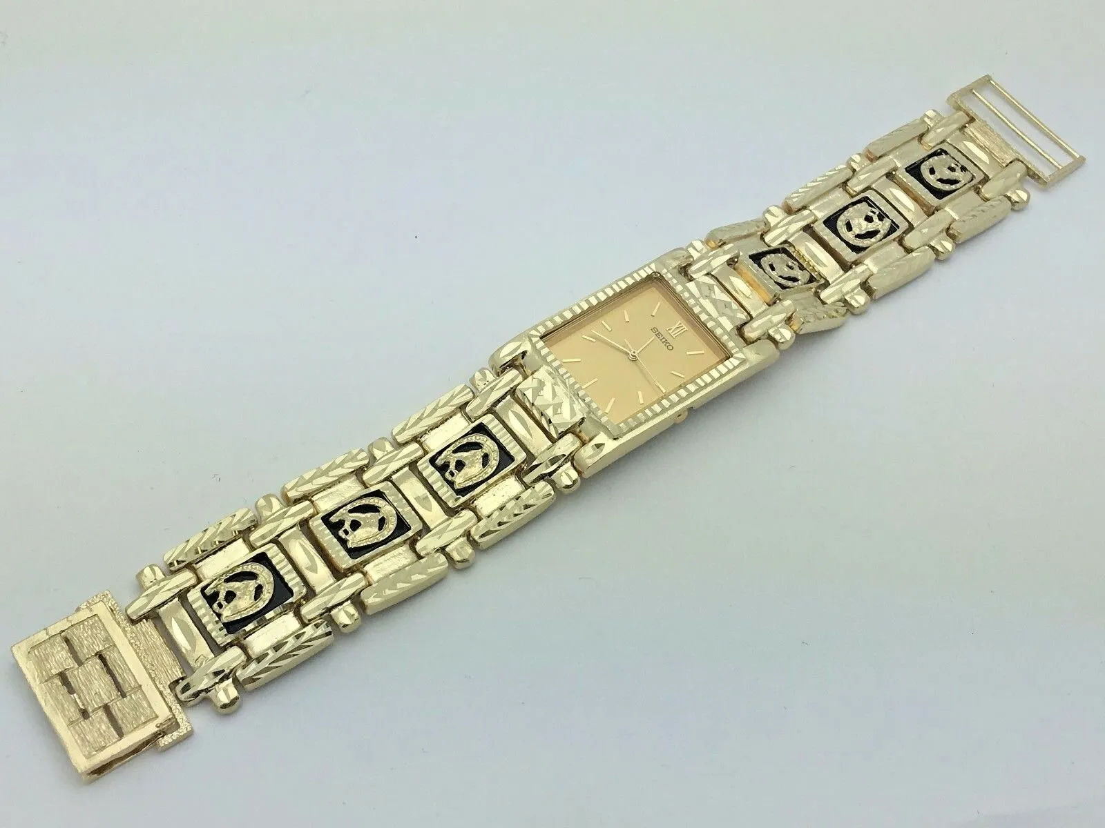 Men's 14k Yellow Gold Horse Shoe Black Onyx Link Bracelet Seiko Watch 8" 86grams
