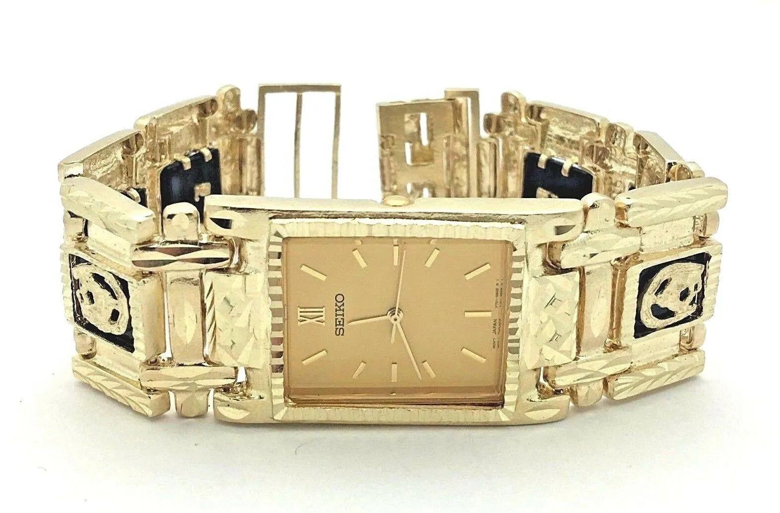 Men's 14k Yellow Gold Horse Shoe Black Onyx Link Bracelet Seiko Watch 8" 86grams