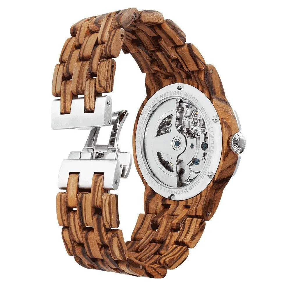 Men's Dual Wheel Automatic Zebra Wood Watch - For High End Watch Collectors