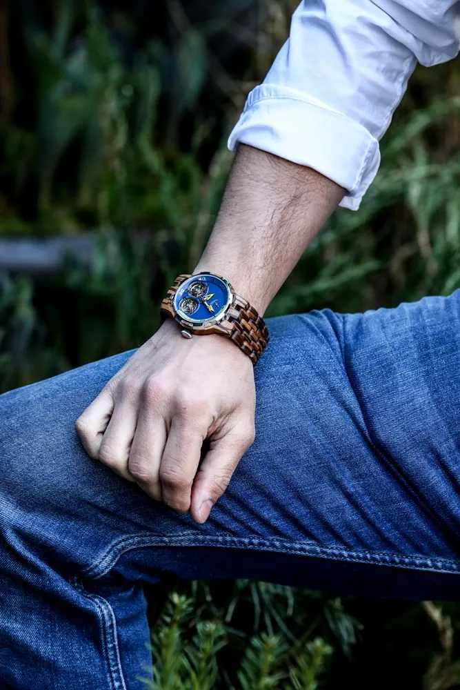 Men's Dual Wheel Automatic Zebra Wood Watch - For High End Watch Collectors