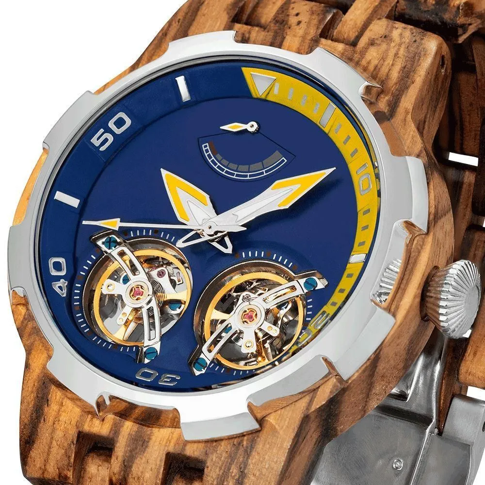 Men's Dual Wheel Automatic Zebra Wood Watch - For High End Watch Collectors