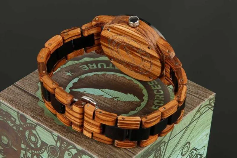 Men's Wood Watch Handcrafted Engraving Zebra Ebony