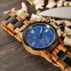 Men's Wood Watch Handcrafted Engraving Zebra Ebony