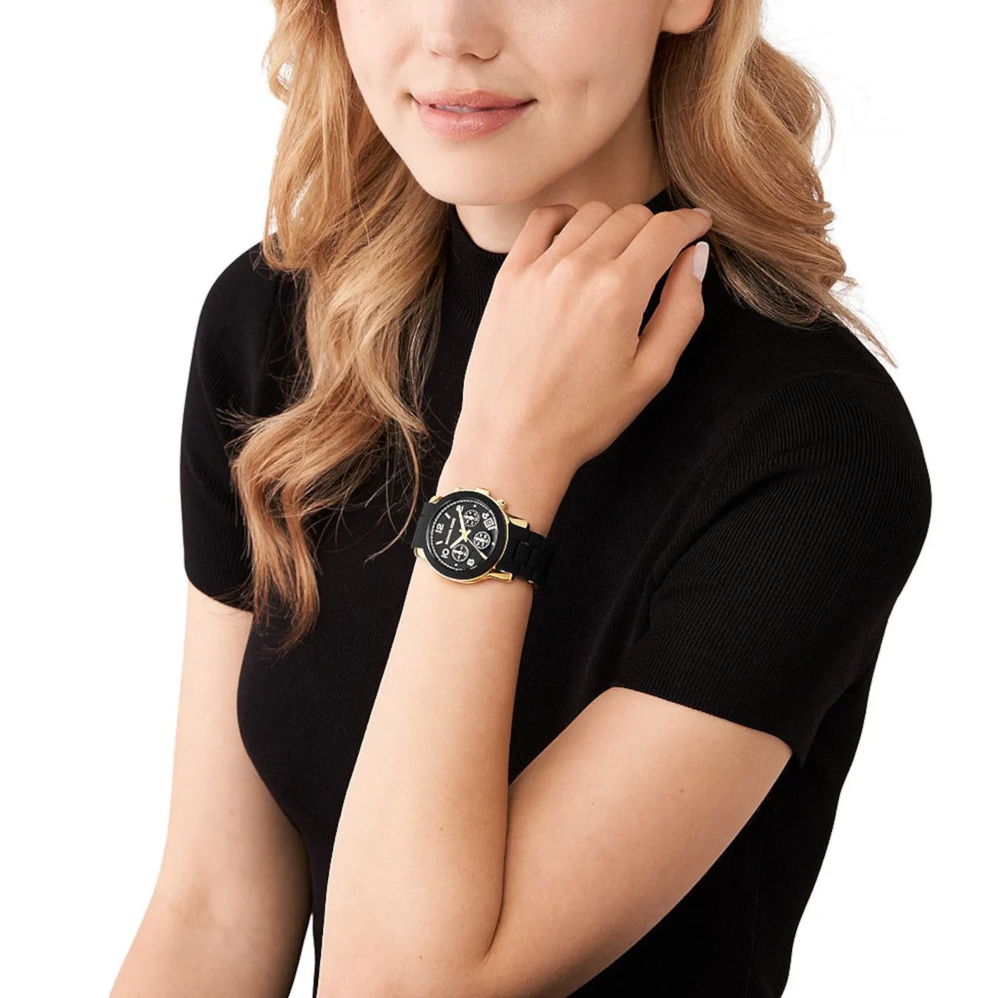 Michael Kors Runway Ladies Black Dial Gold-Tone Watch
