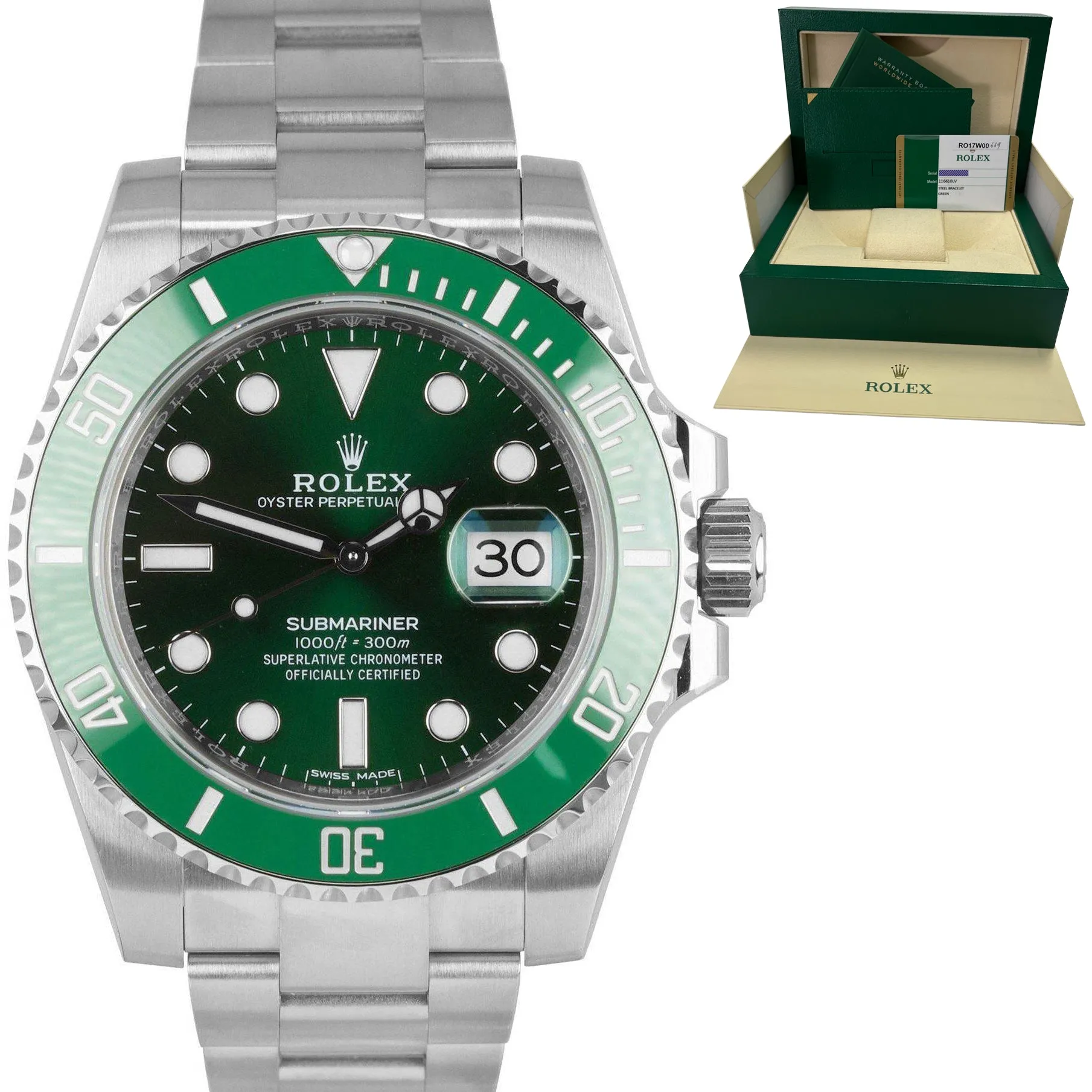 MINT 2017 Rolex Submariner HULK Green Ceramic Stainless 40mm Watch 116610 LV