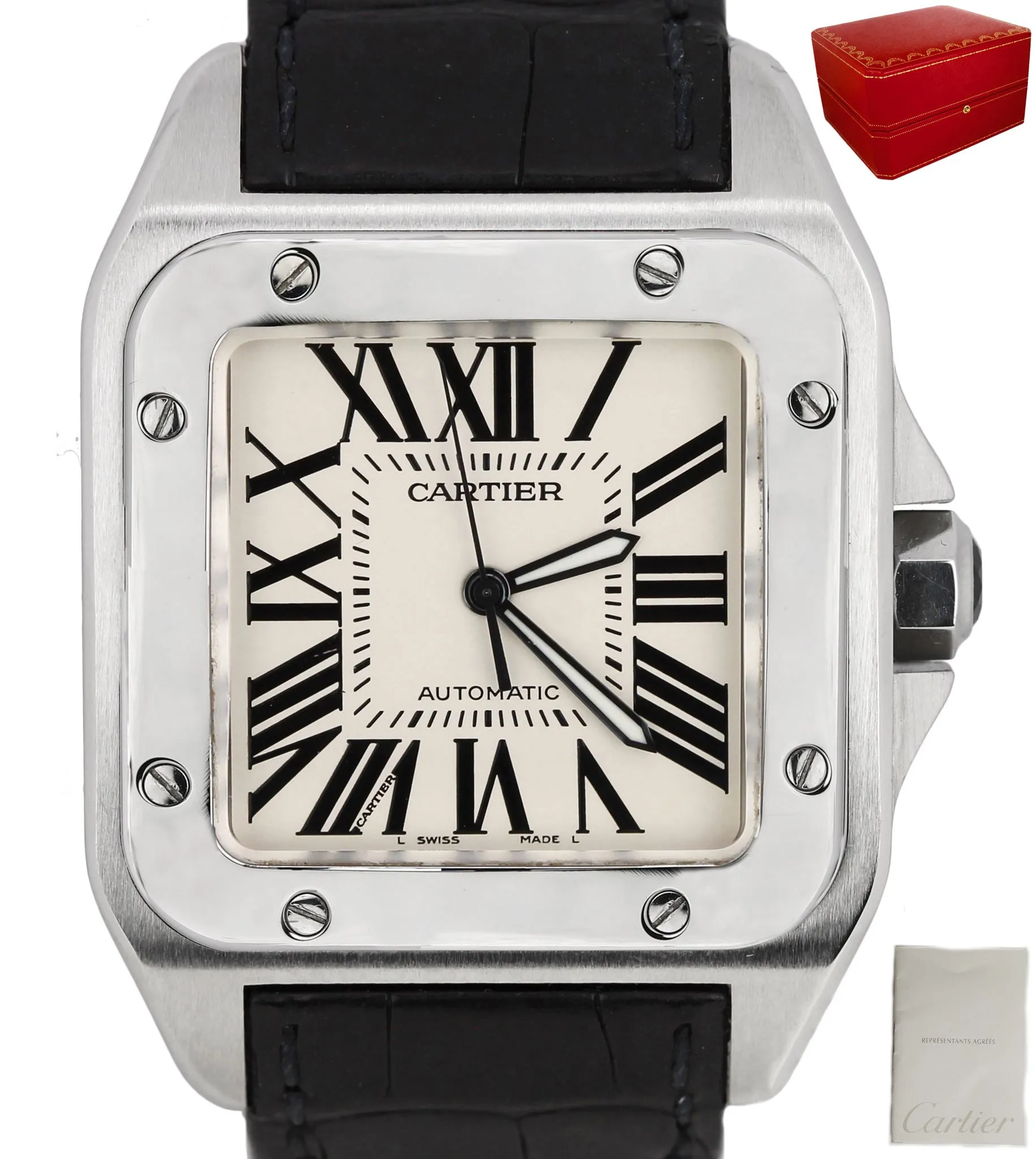 MINT Cartier Santos 100 XL 38mm Stainless Black Crocodile Watch 2656 W20121U2