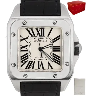 MINT Cartier Santos 100 XL 38mm Stainless Black Crocodile Watch 2656 W20121U2