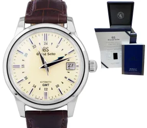 MINT Grand Seiko GMT Automatic Ivory Date Steel 39mm Brown Leather SBGM221G