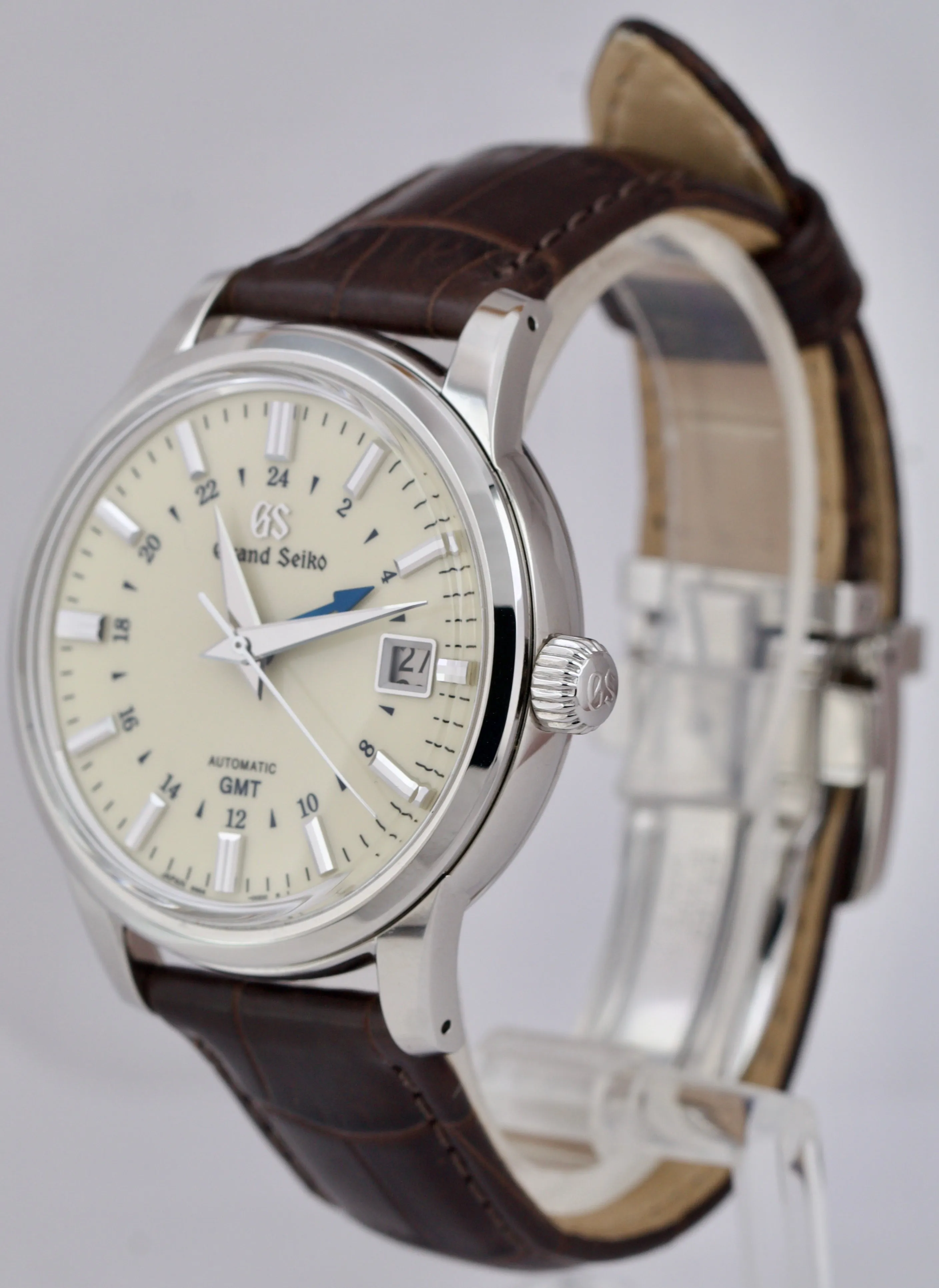 MINT Grand Seiko GMT Automatic Ivory Date Steel 39mm Brown Leather SBGM221G