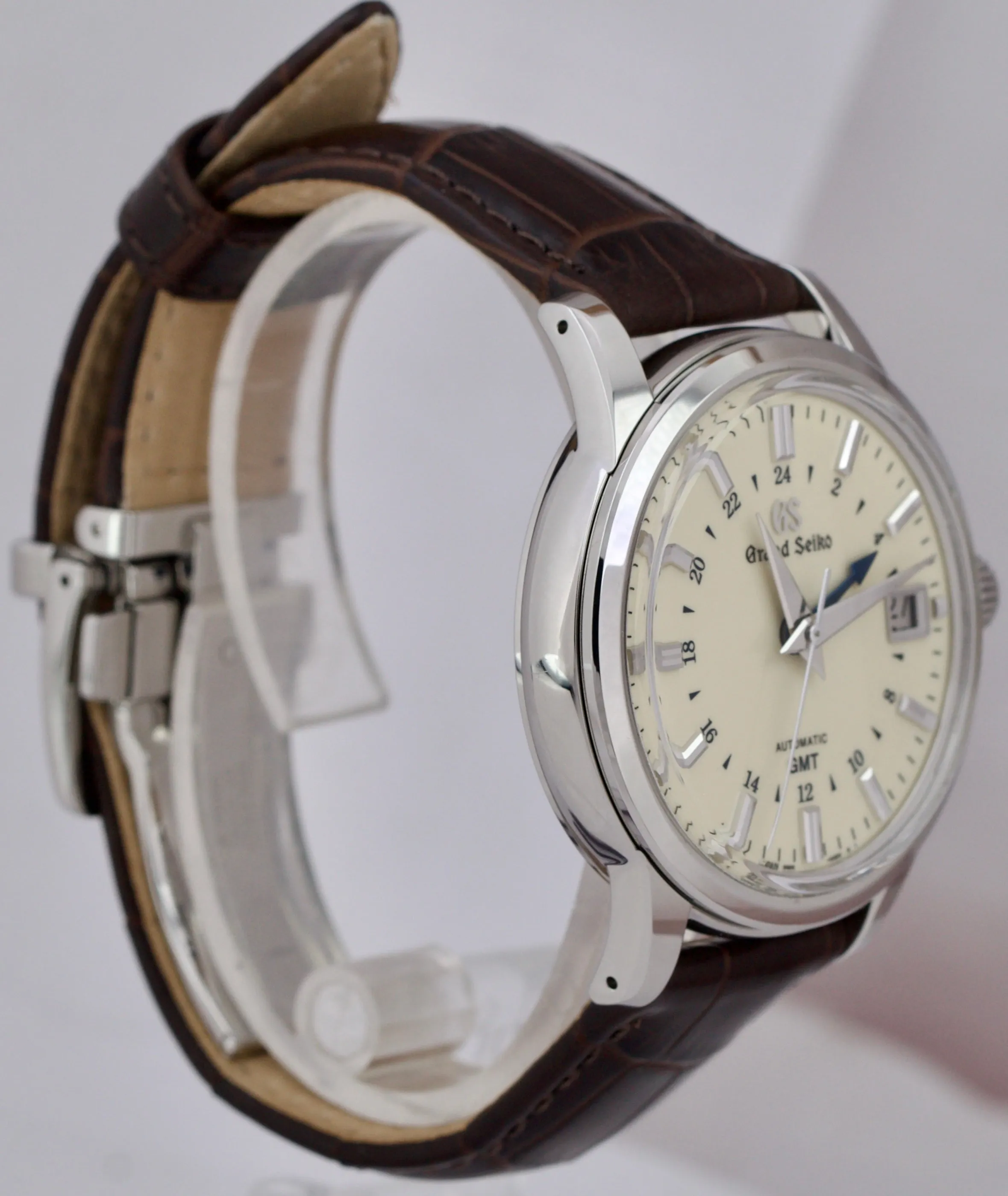 MINT Grand Seiko GMT Automatic Ivory Date Steel 39mm Brown Leather SBGM221G