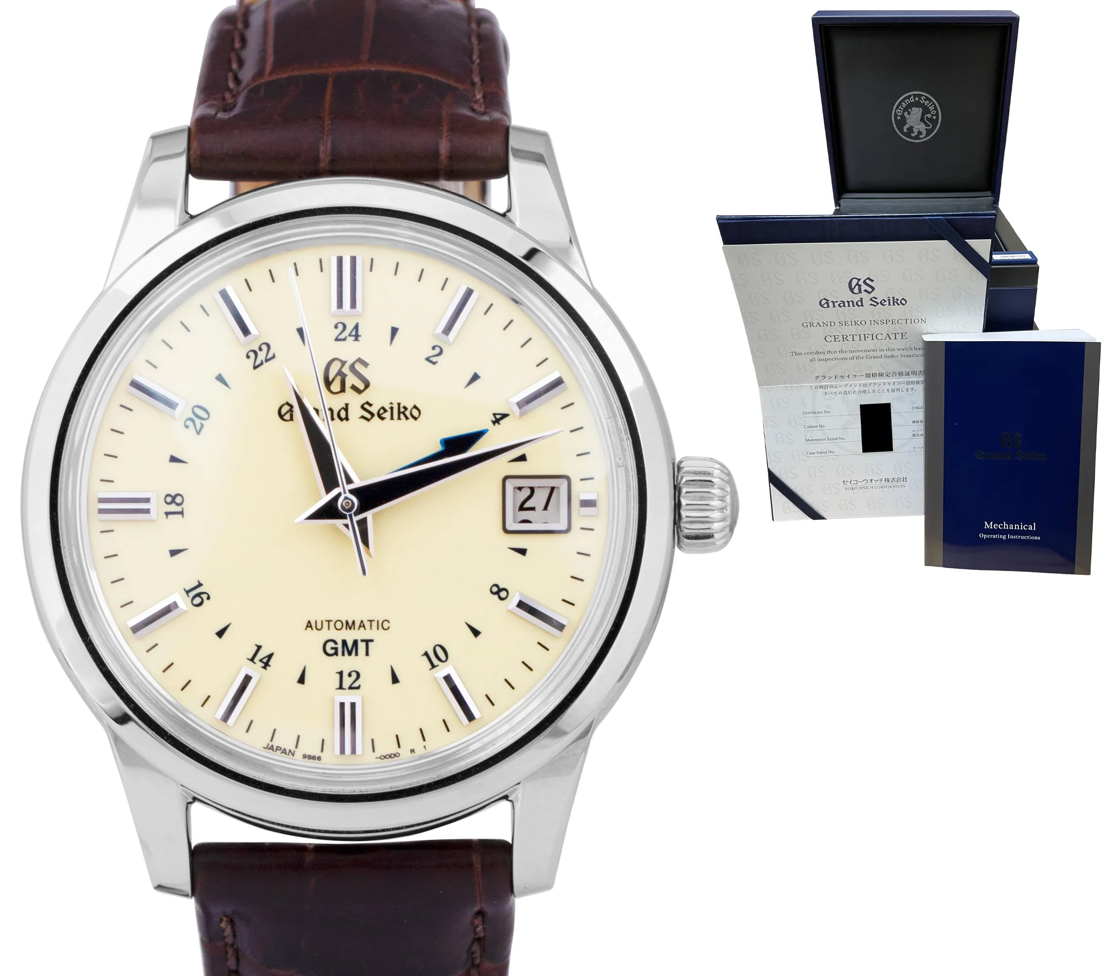 MINT Grand Seiko GMT Automatic Ivory Date Steel 39mm Brown Leather SBGM221G