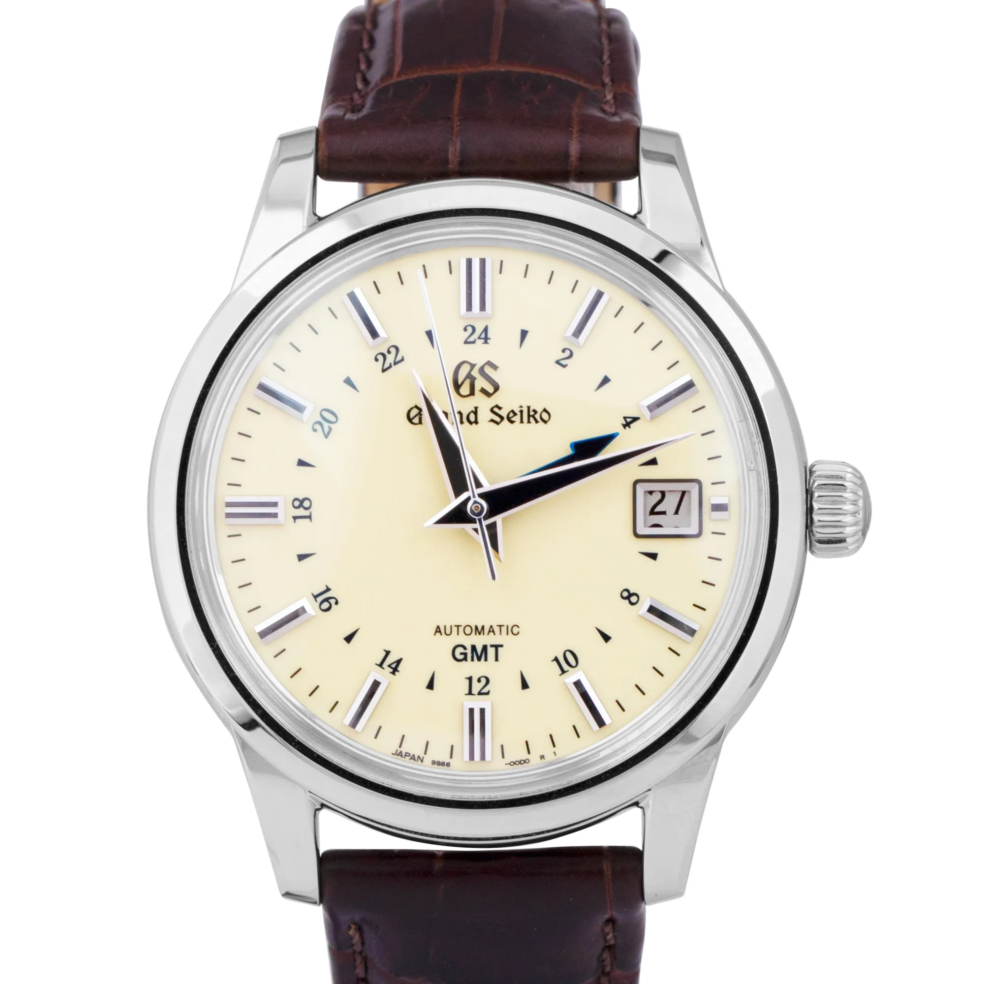 MINT Grand Seiko GMT Automatic Ivory Date Steel 39mm Brown Leather SBGM221G