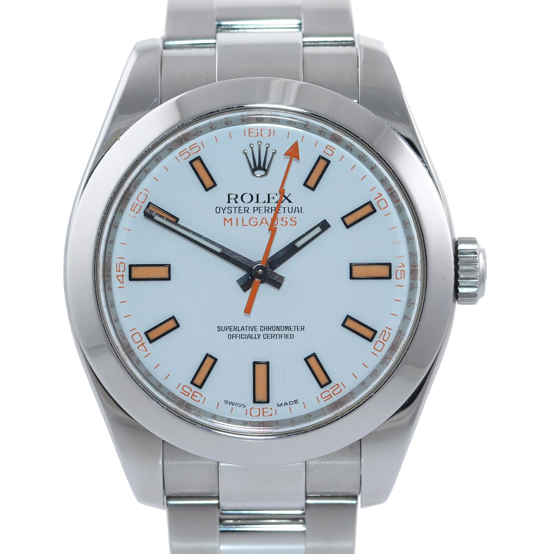 MINT Rolex Milgauss 116400 White Orange Steel Anti-Magnetic 40mm Watch Box