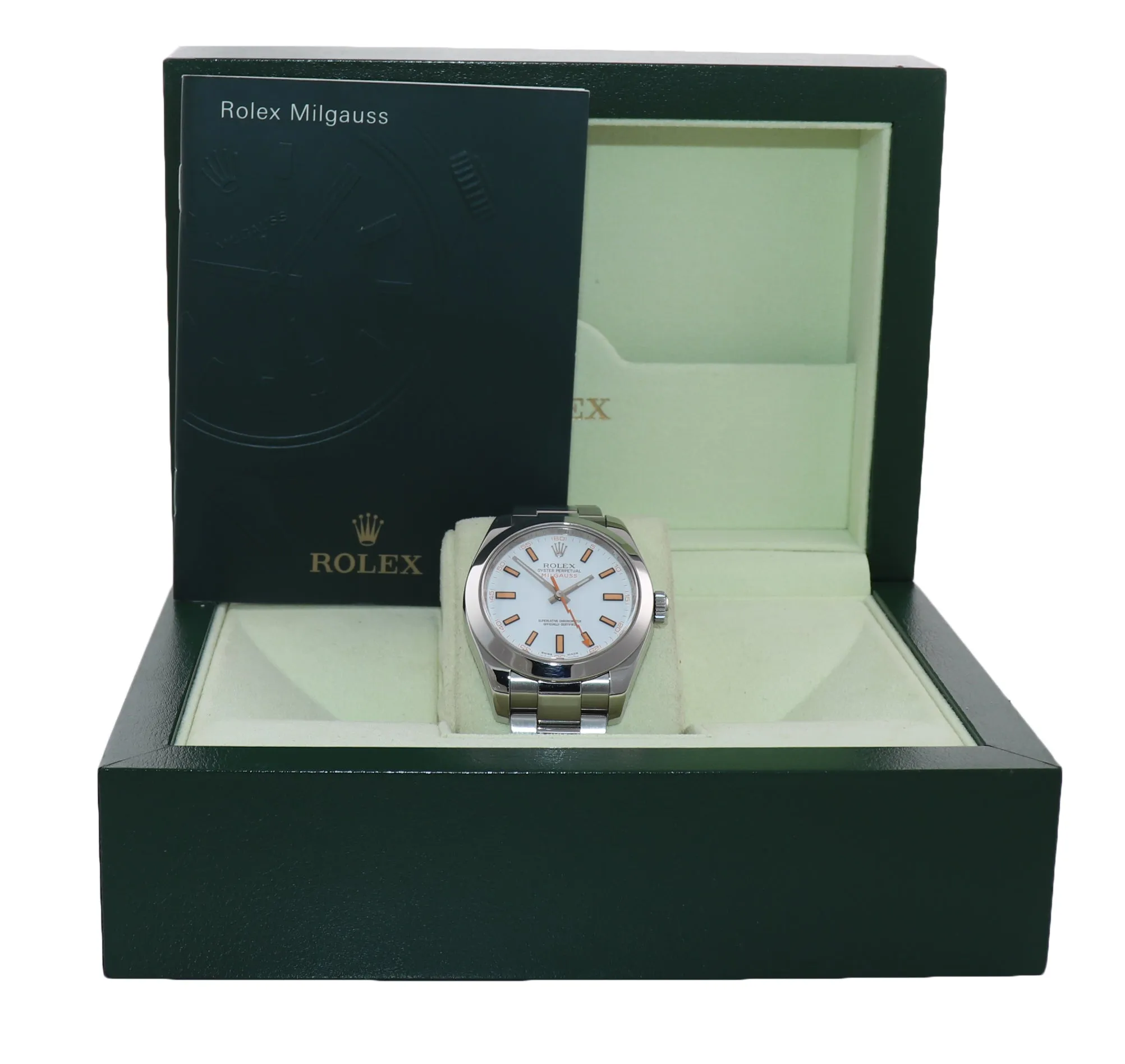 MINT Rolex Milgauss 116400 White Orange Steel Anti-Magnetic 40mm Watch Box