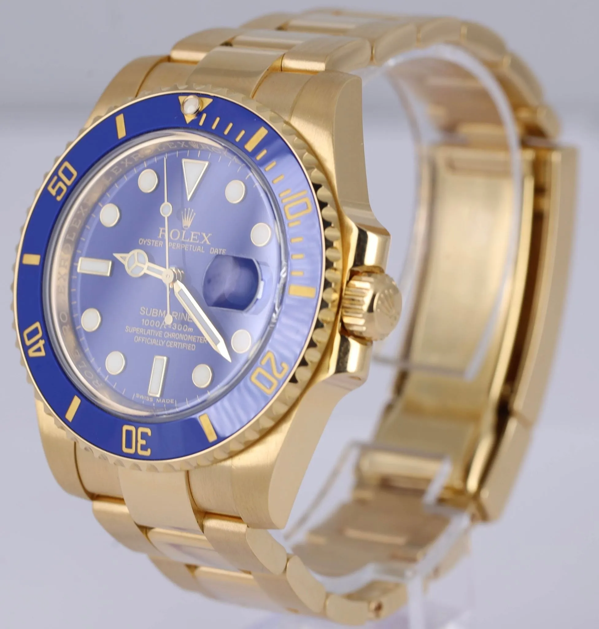 MINT Rolex Submariner Date Flat Blue Ceramic 18K Yellow Gold 40mm Watch 116618 B