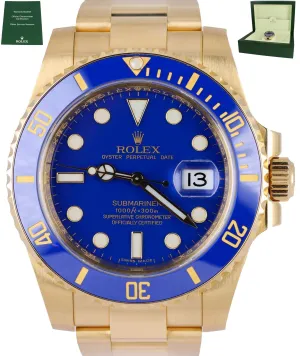 MINT Rolex Submariner Date Flat Blue Ceramic 18K Yellow Gold 40mm Watch 116618 B
