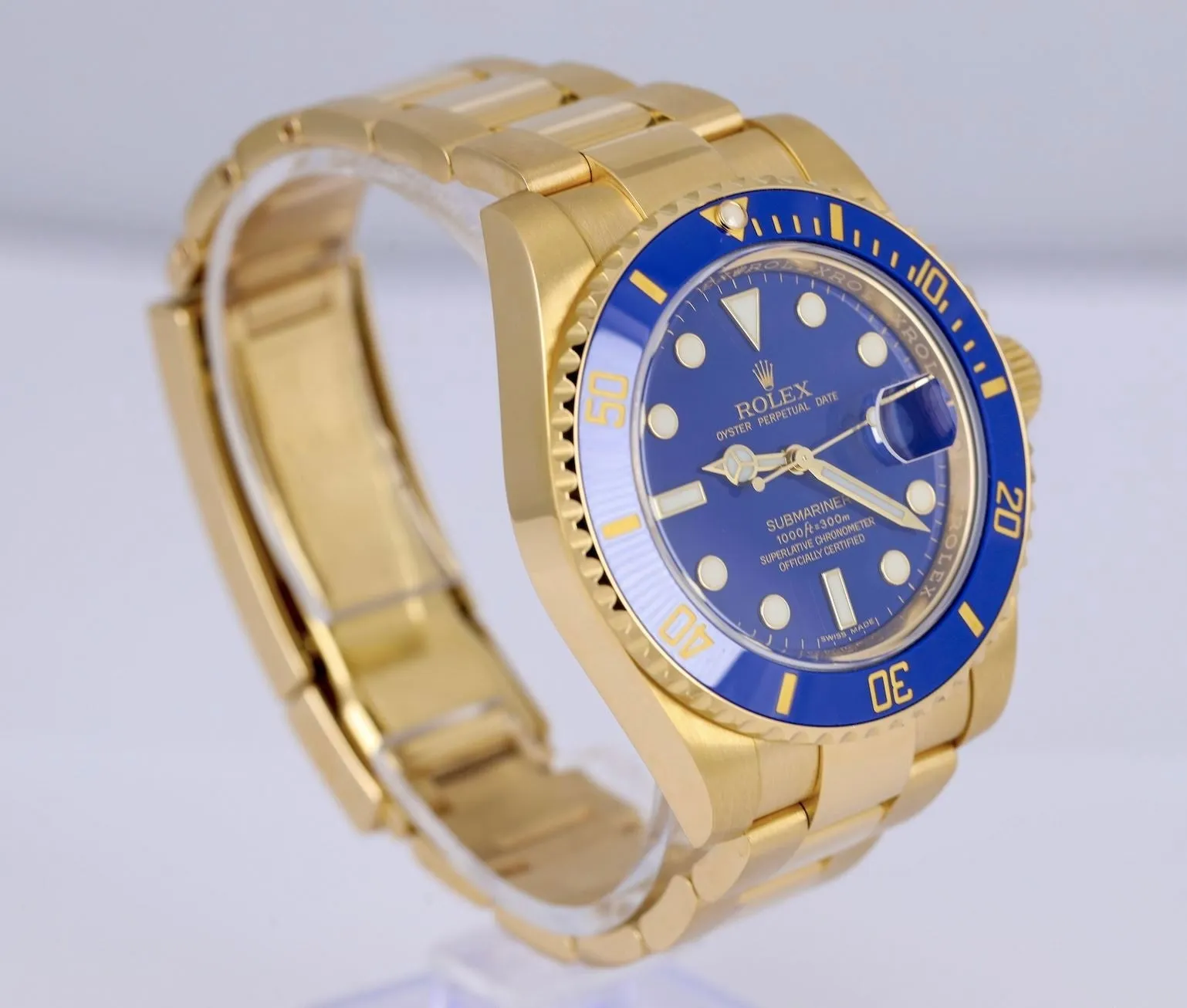 MINT Rolex Submariner Date Flat Blue Ceramic 18K Yellow Gold 40mm Watch 116618 B
