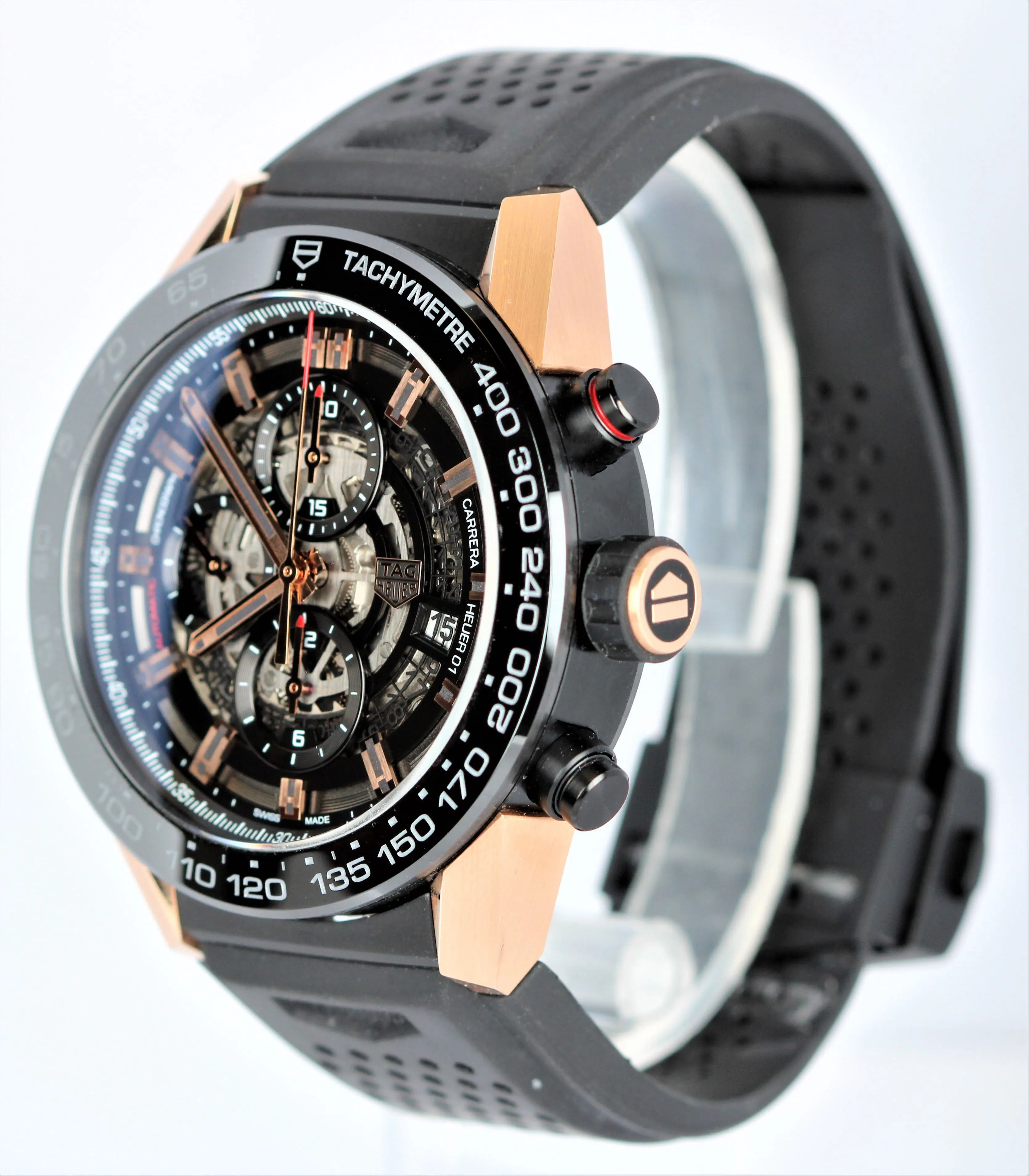 MINT Tag Heuer Carrera Skeleton 18K Rose Gold Black Titanium 45mm CAR2A5A Watch