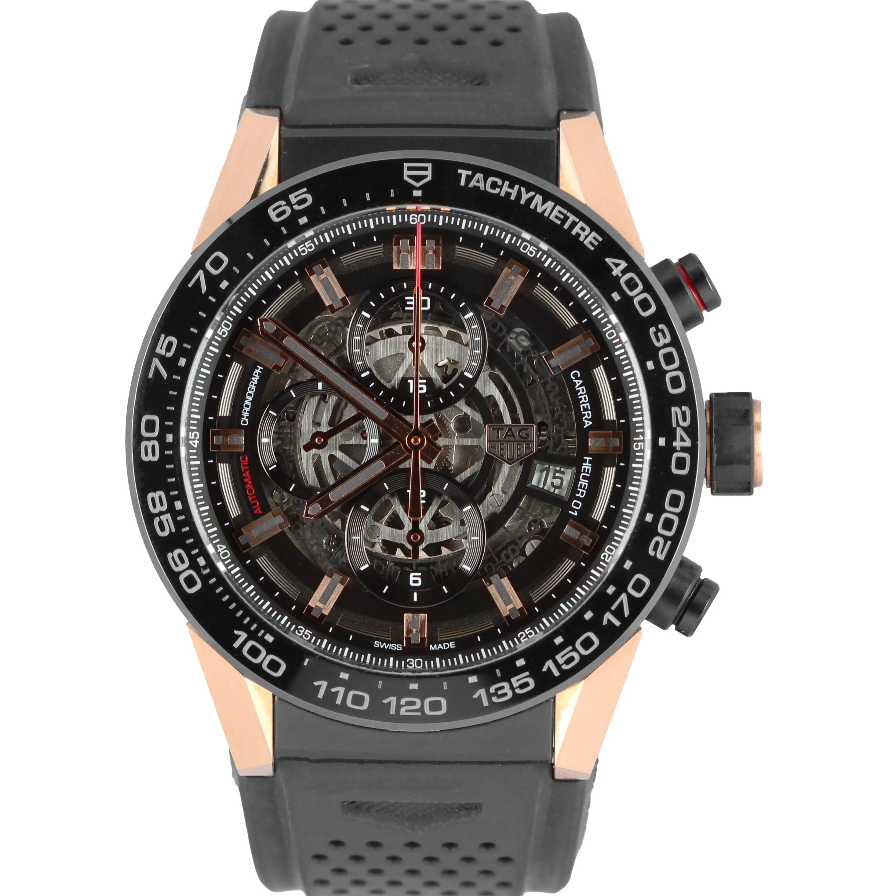 MINT Tag Heuer Carrera Skeleton 18K Rose Gold Black Titanium 45mm CAR2A5A Watch