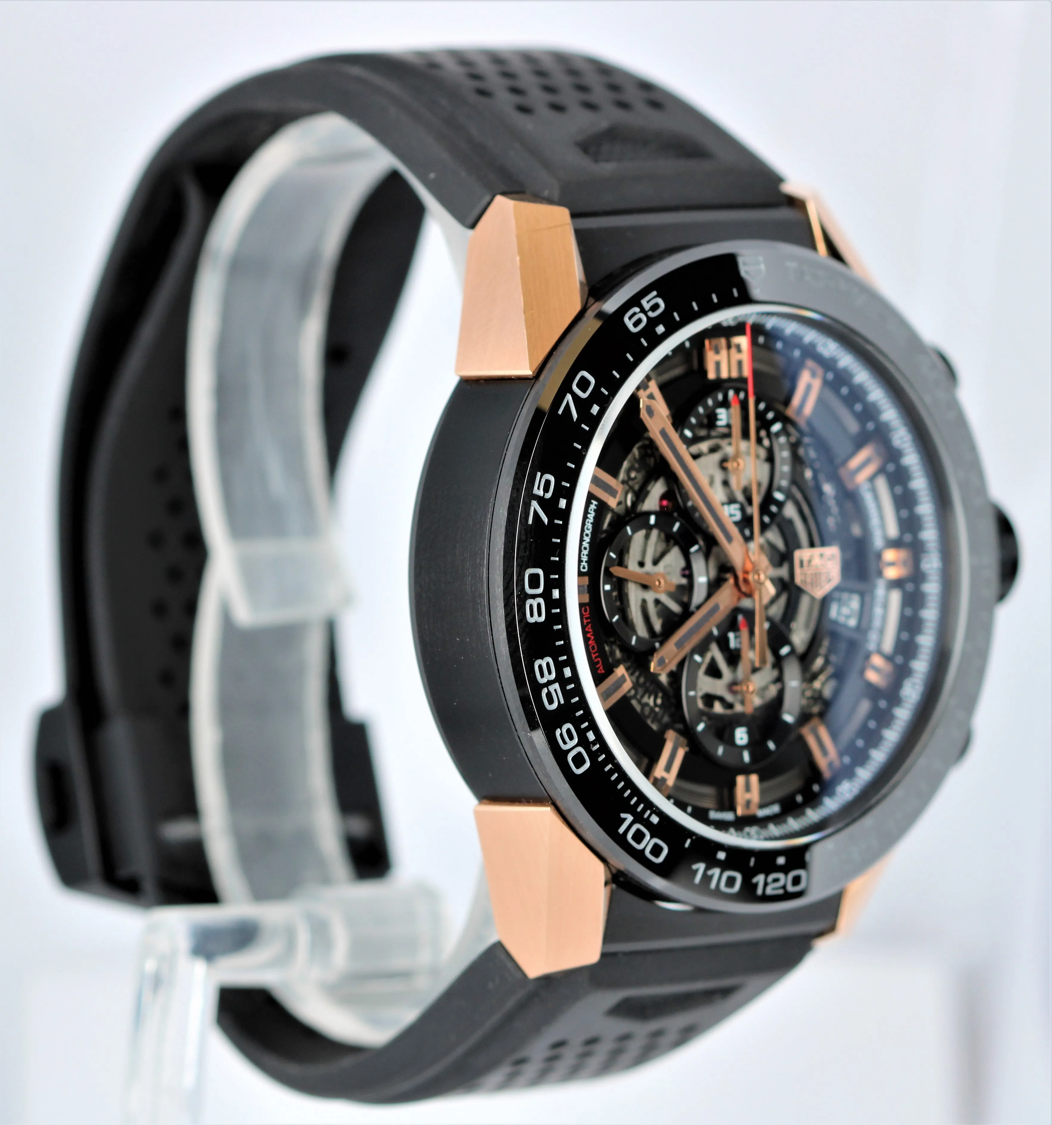 MINT Tag Heuer Carrera Skeleton 18K Rose Gold Black Titanium 45mm CAR2A5A Watch