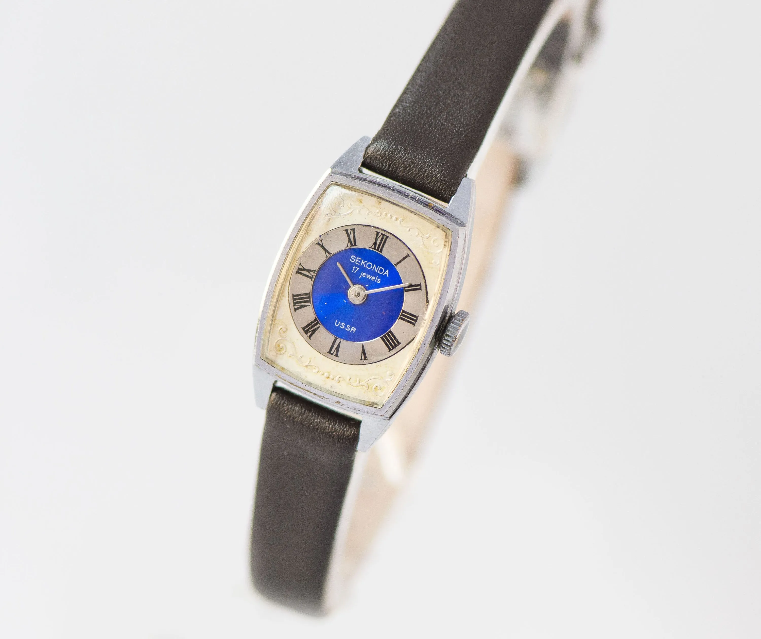 Modern women's watch, navy white watch Sekonda, rare ladies watch, rectangular watch 80s, ethno pattern watch gift new genuine leather strap