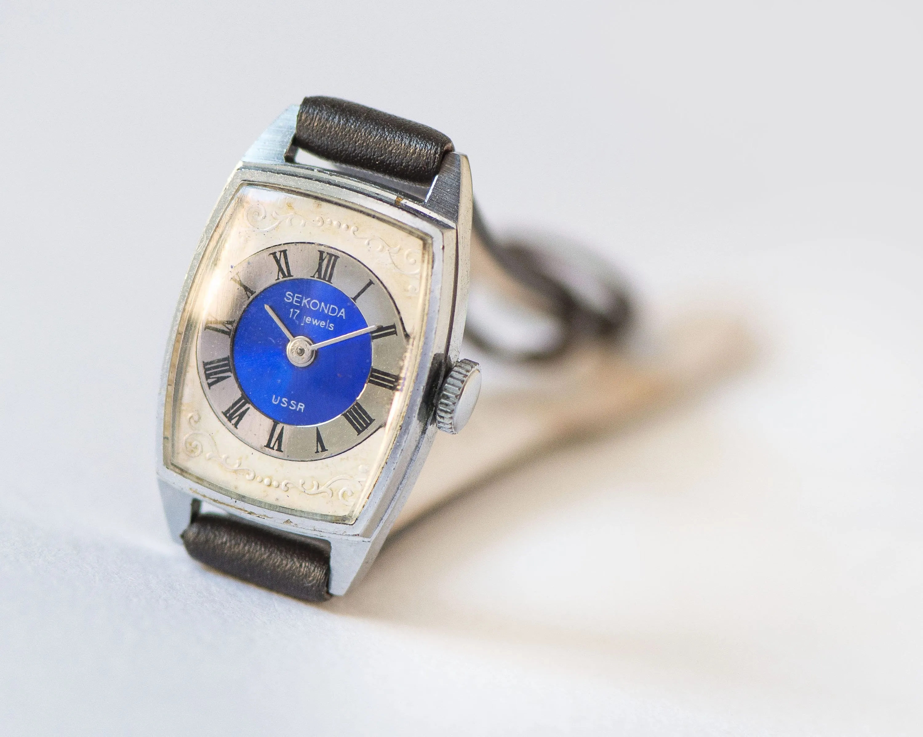 Modern women's watch, navy white watch Sekonda, rare ladies watch, rectangular watch 80s, ethno pattern watch gift new genuine leather strap