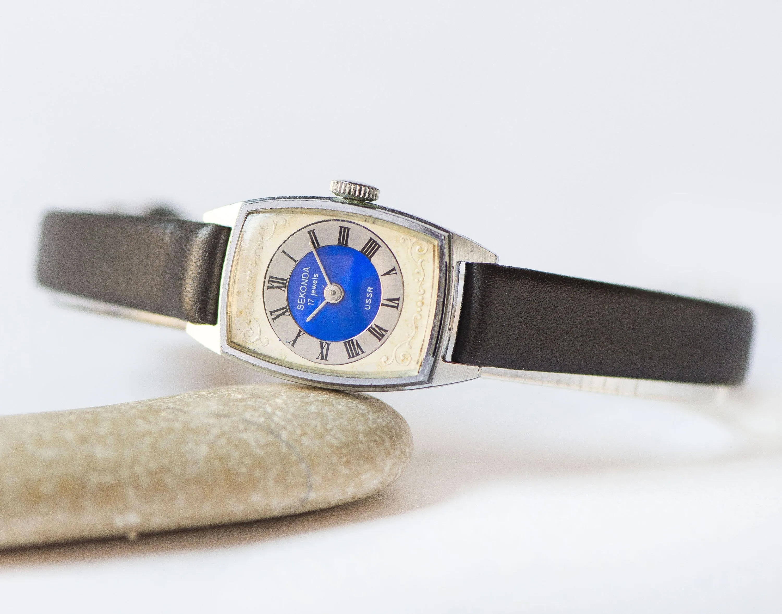 Modern women's watch, navy white watch Sekonda, rare ladies watch, rectangular watch 80s, ethno pattern watch gift new genuine leather strap