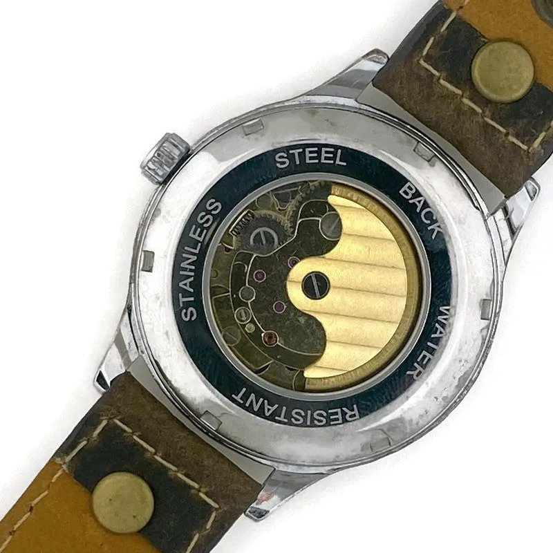 Moon Automatic Mechanical Watch, blue And Gold Dial with Leather Band