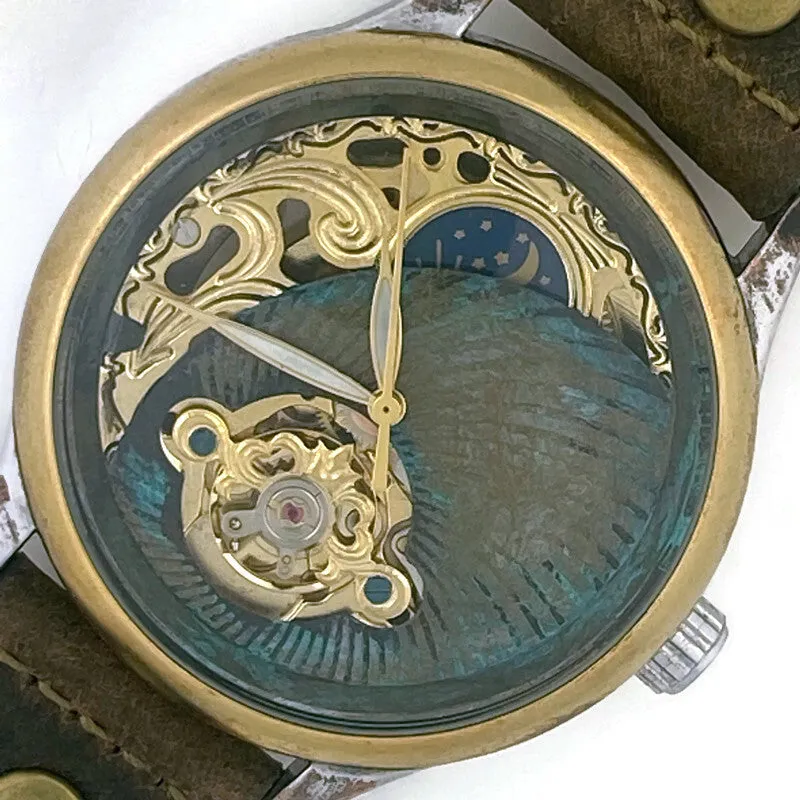 Moon Automatic Mechanical Watch, blue And Gold Dial with Leather Band