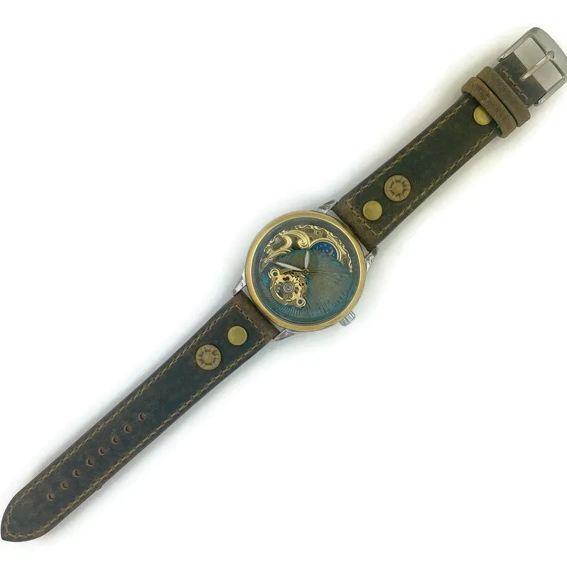 Moon Automatic Mechanical Watch, blue And Gold Dial with Leather Band