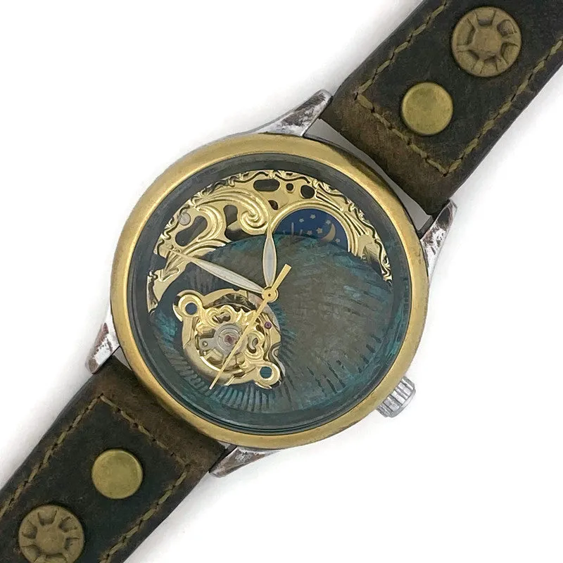 Moon Automatic Mechanical Watch, blue And Gold Dial with Leather Band