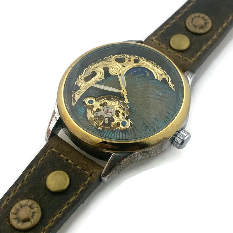 Moon Automatic Mechanical Watch, blue And Gold Dial with Leather Band