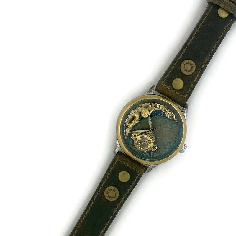 Moon Automatic Mechanical Watch, blue And Gold Dial with Leather Band