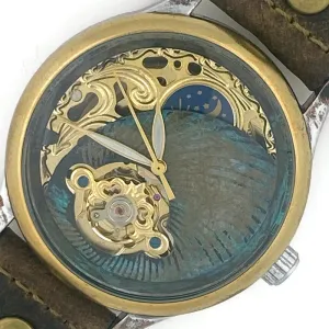 Moon Automatic Mechanical Watch, blue And Gold Dial with Leather Band