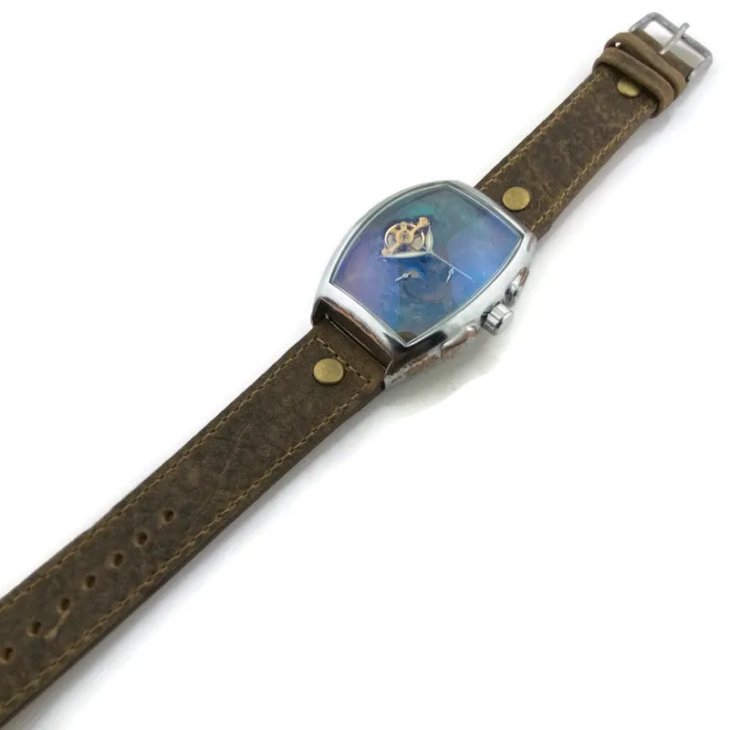 Moon Automatic Mechanical Watch,Blue Dial with Leather Band