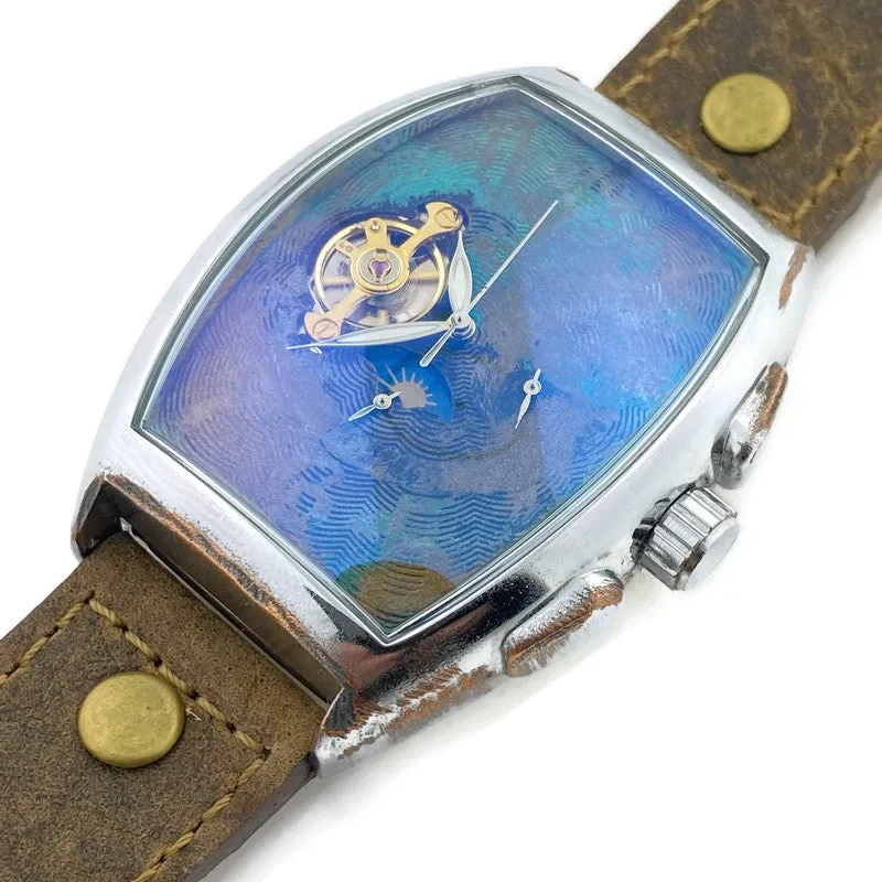 Moon Automatic Mechanical Watch,Blue Dial with Leather Band
