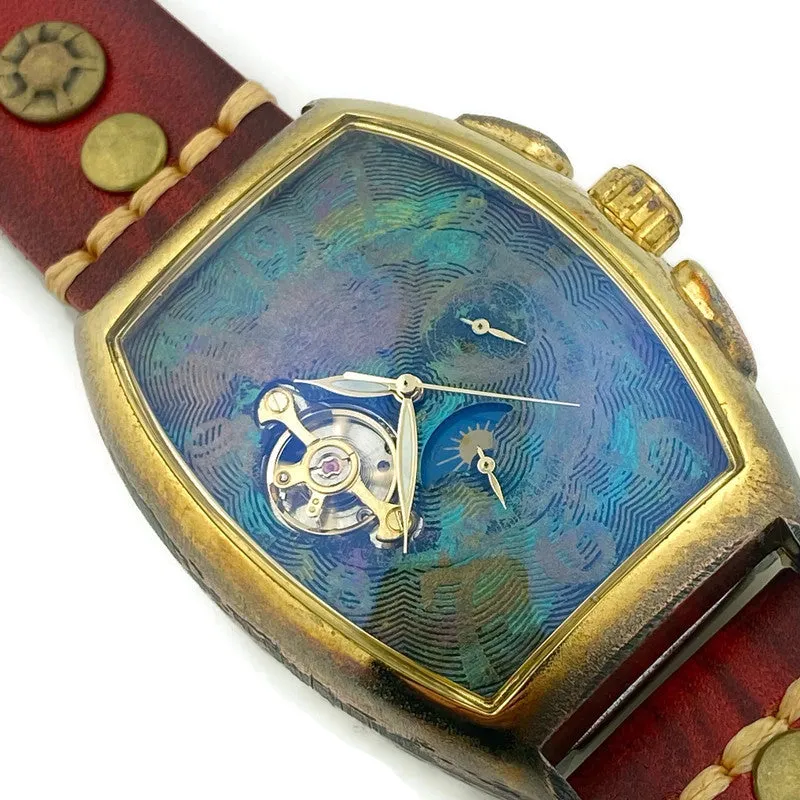 Moon Automatic Mechanical Watch,Multicolor Dial with Red Leather Band