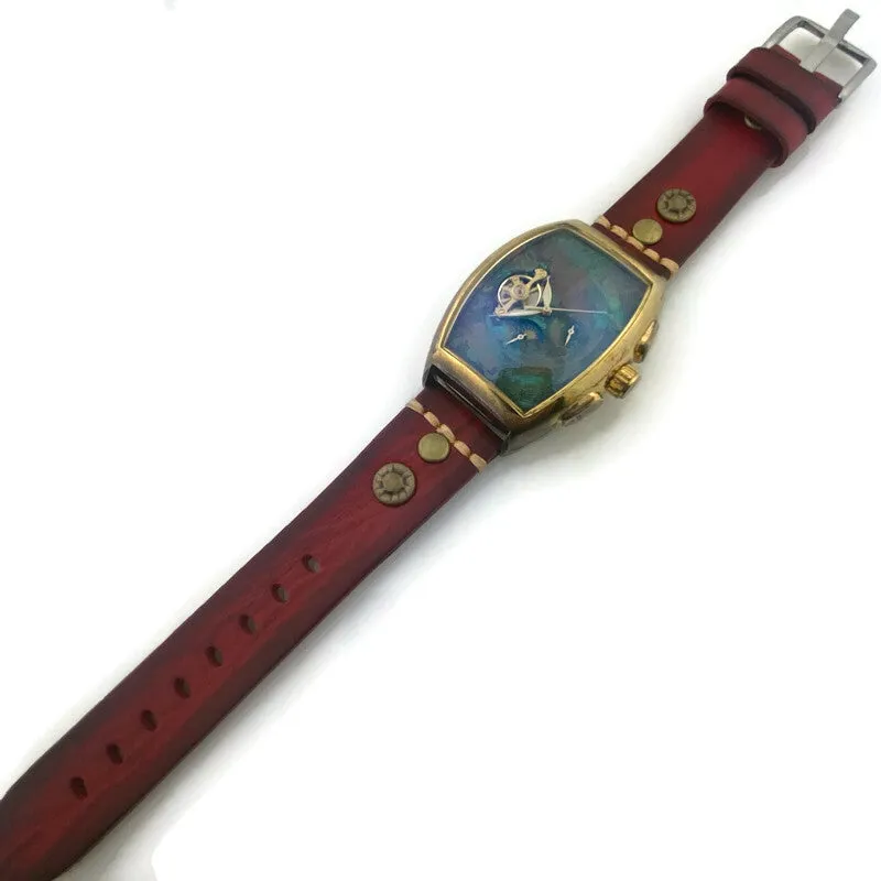 Moon Automatic Mechanical Watch,Multicolor Dial with Red Leather Band