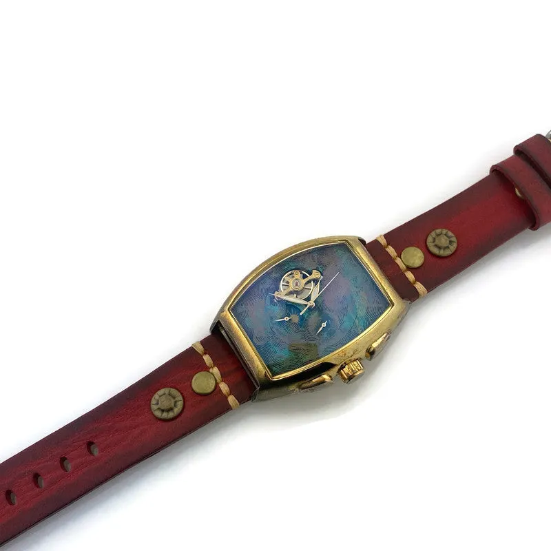 Moon Automatic Mechanical Watch,Multicolor Dial with Red Leather Band