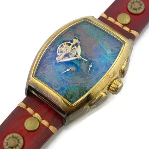 Moon Automatic Mechanical Watch,Multicolor Dial with Red Leather Band