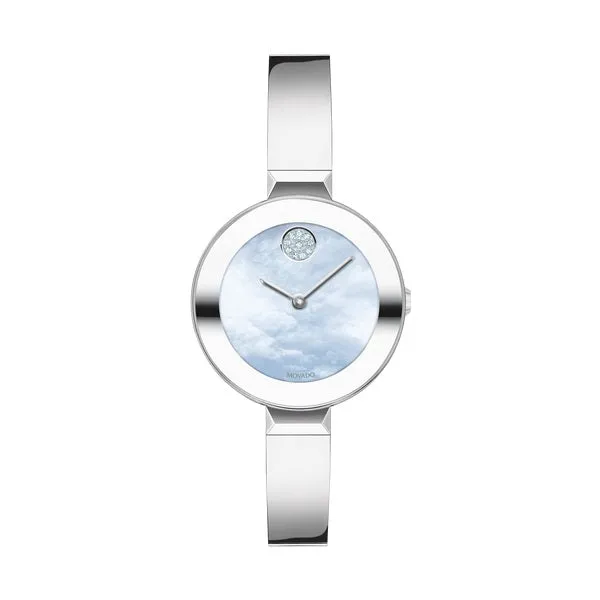 Movado Bold Bangle Ladies Silver Tone Mother of Pearl Dial and Crystal Set Dot Watch