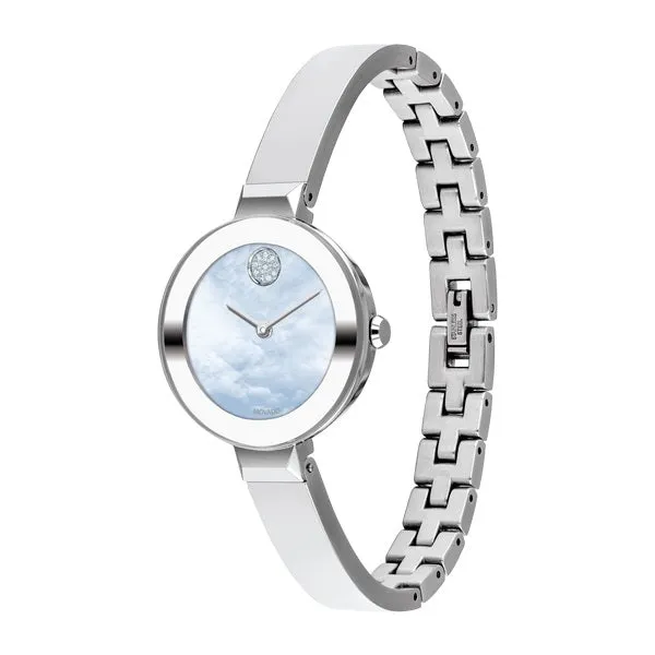 Movado Bold Bangle Ladies Silver Tone Mother of Pearl Dial and Crystal Set Dot Watch