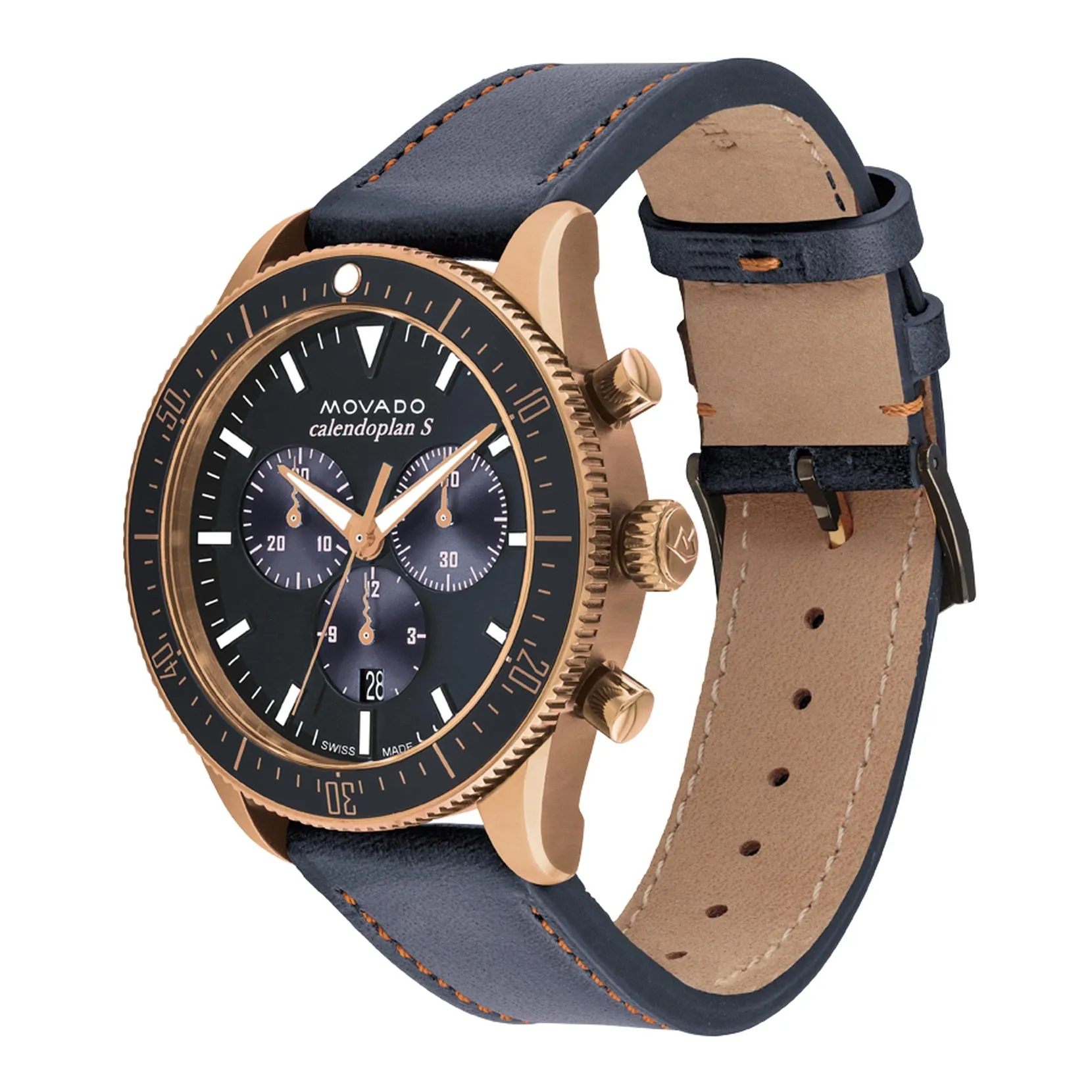 Movado Heritage Series Mens Chronograph Bronze Tone Grey Leather Strap Watch