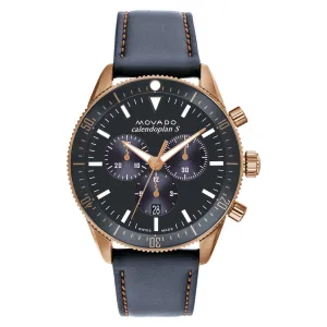 Movado Heritage Series Mens Chronograph Bronze Tone Grey Leather Strap Watch