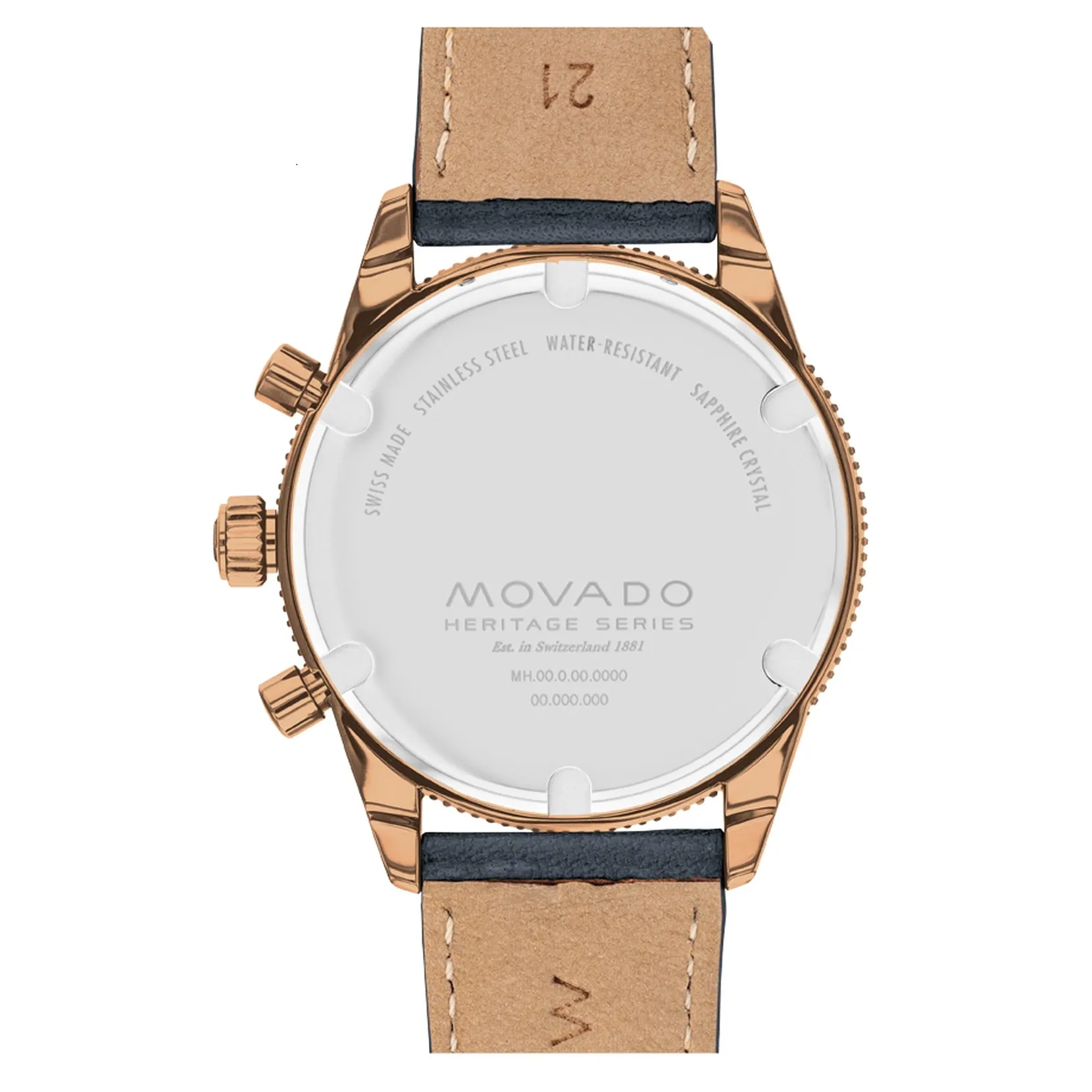 Movado Heritage Series Mens Chronograph Bronze Tone Grey Leather Strap Watch