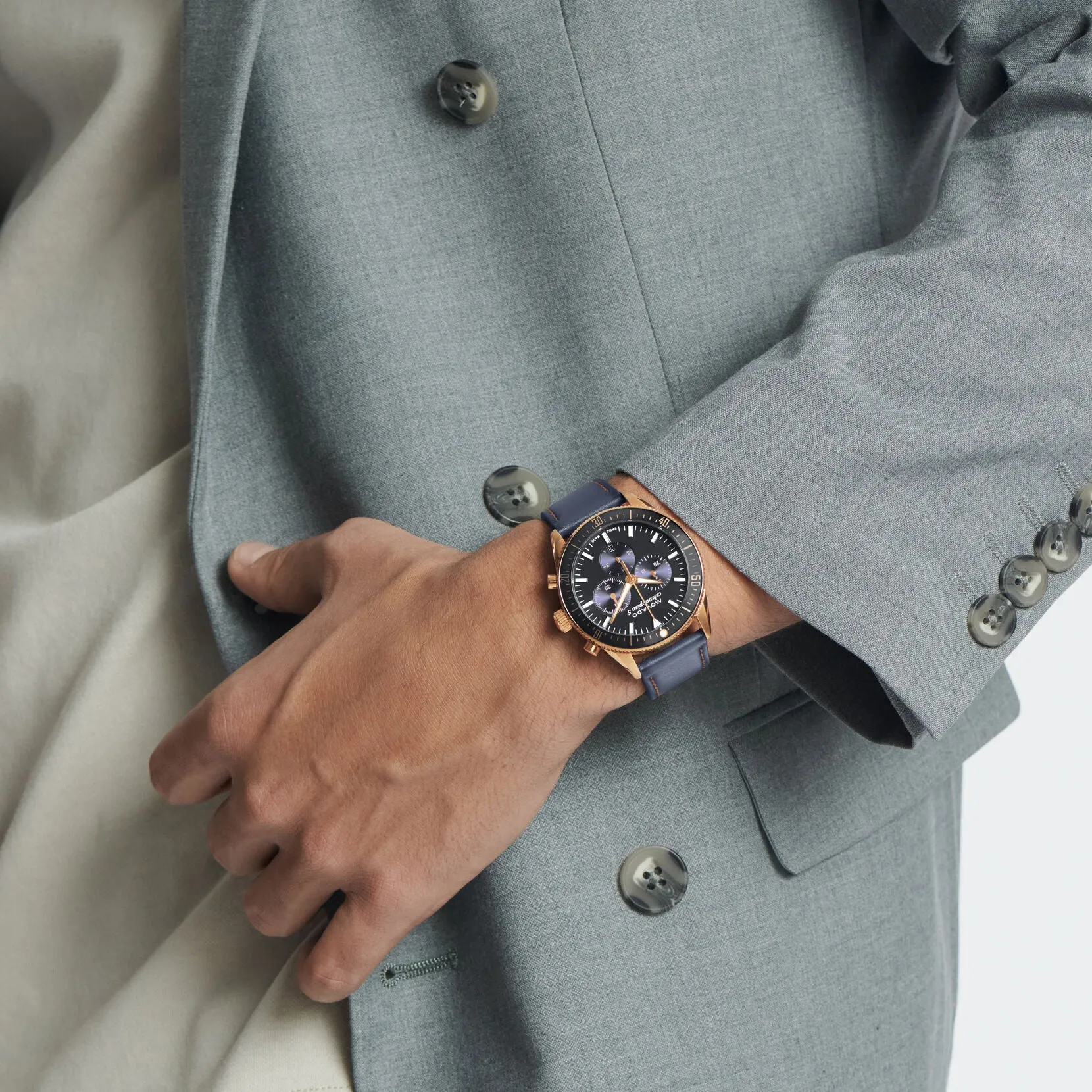 Movado Heritage Series Mens Chronograph Bronze Tone Grey Leather Strap Watch