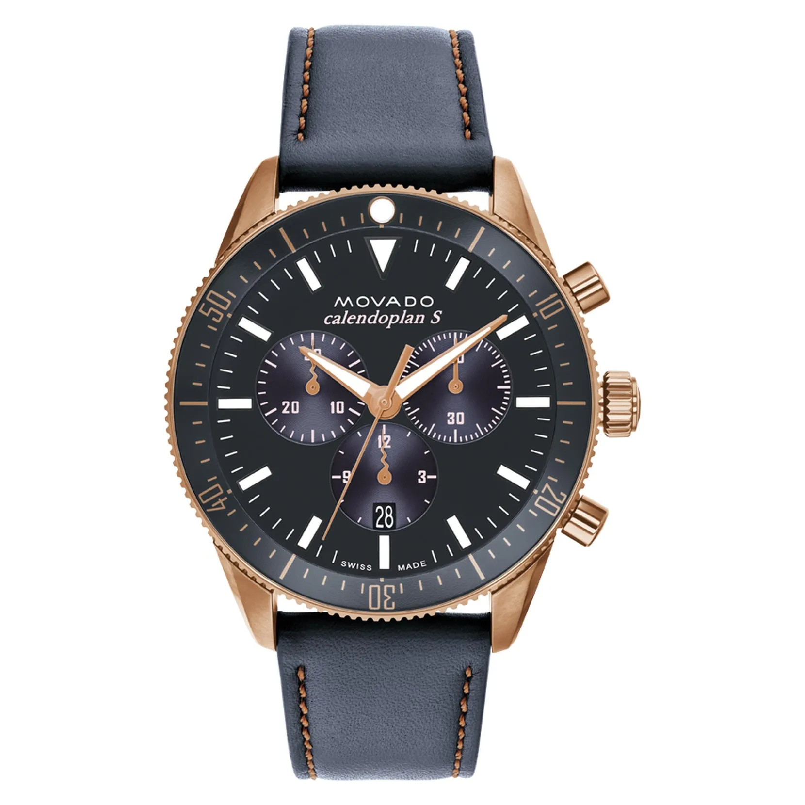 Movado Heritage Series Mens Chronograph Bronze Tone Grey Leather Strap Watch
