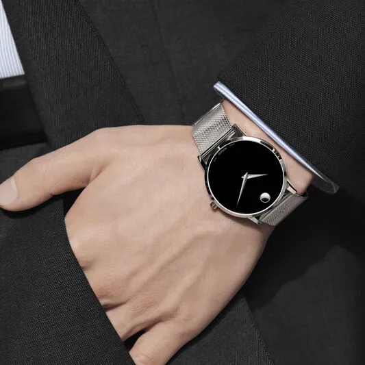 Movado Museum Classic Mens Stainless Steel Black Dial Mesh Strap Watch