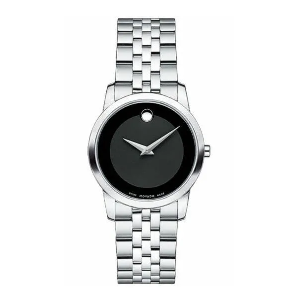 Movado Museum Classic Silver Stainless Steel Black Dial Quartz Watch for Ladies - 606505