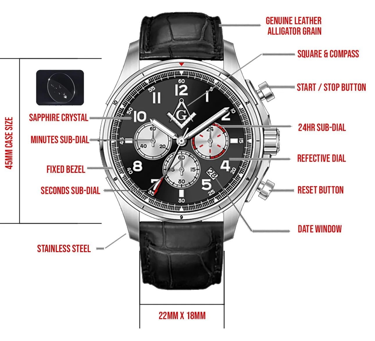 New Men's Stainless Steel Master Mason Masonic Chronograph Watch, 45mm